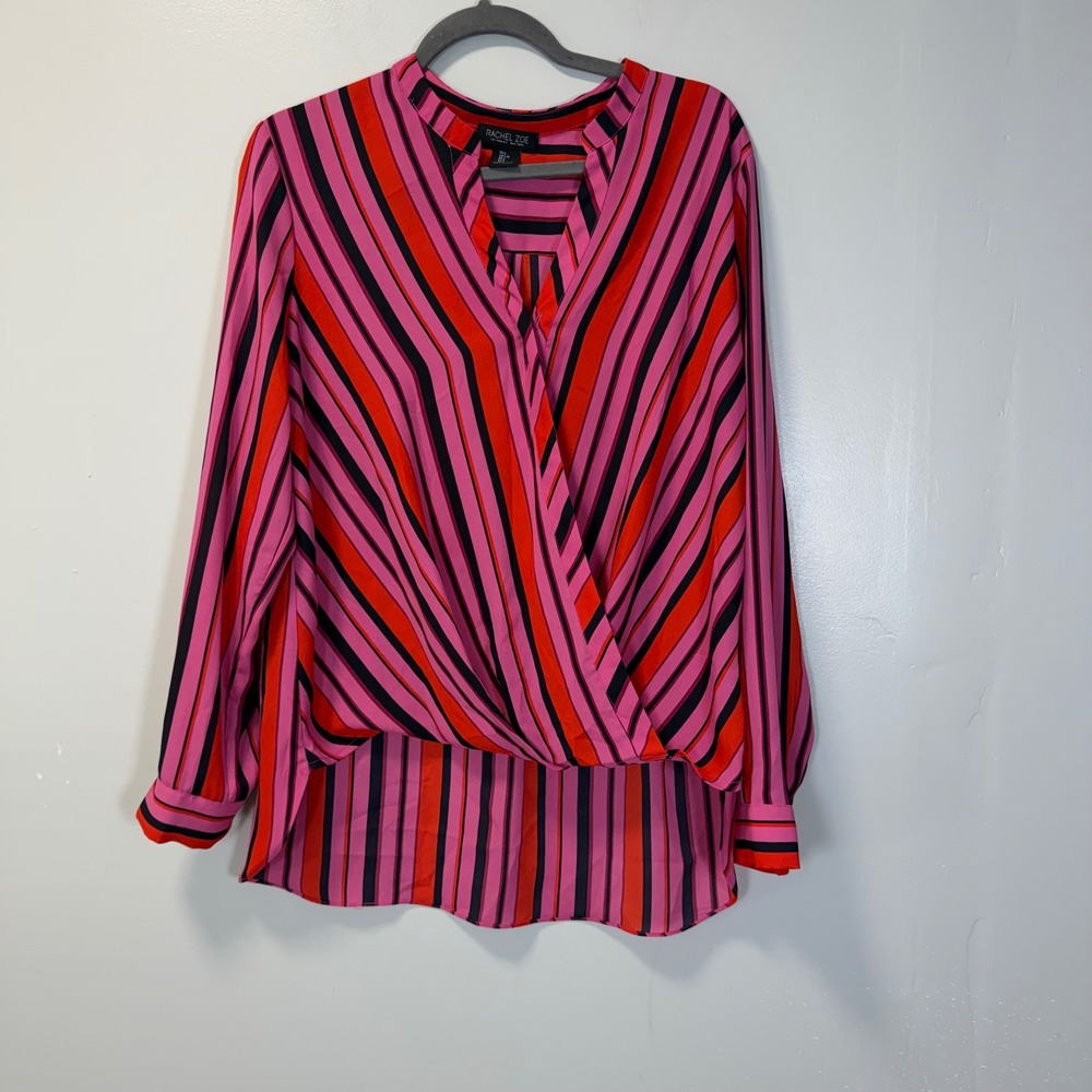 Rachel Zoe Pink Red Striped Surplice Blouse V-Neck Long Sleeve Top Large